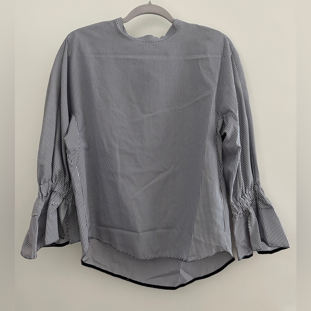 Blue Stripe Round Neck Shirt Blouse With Back Button Closure